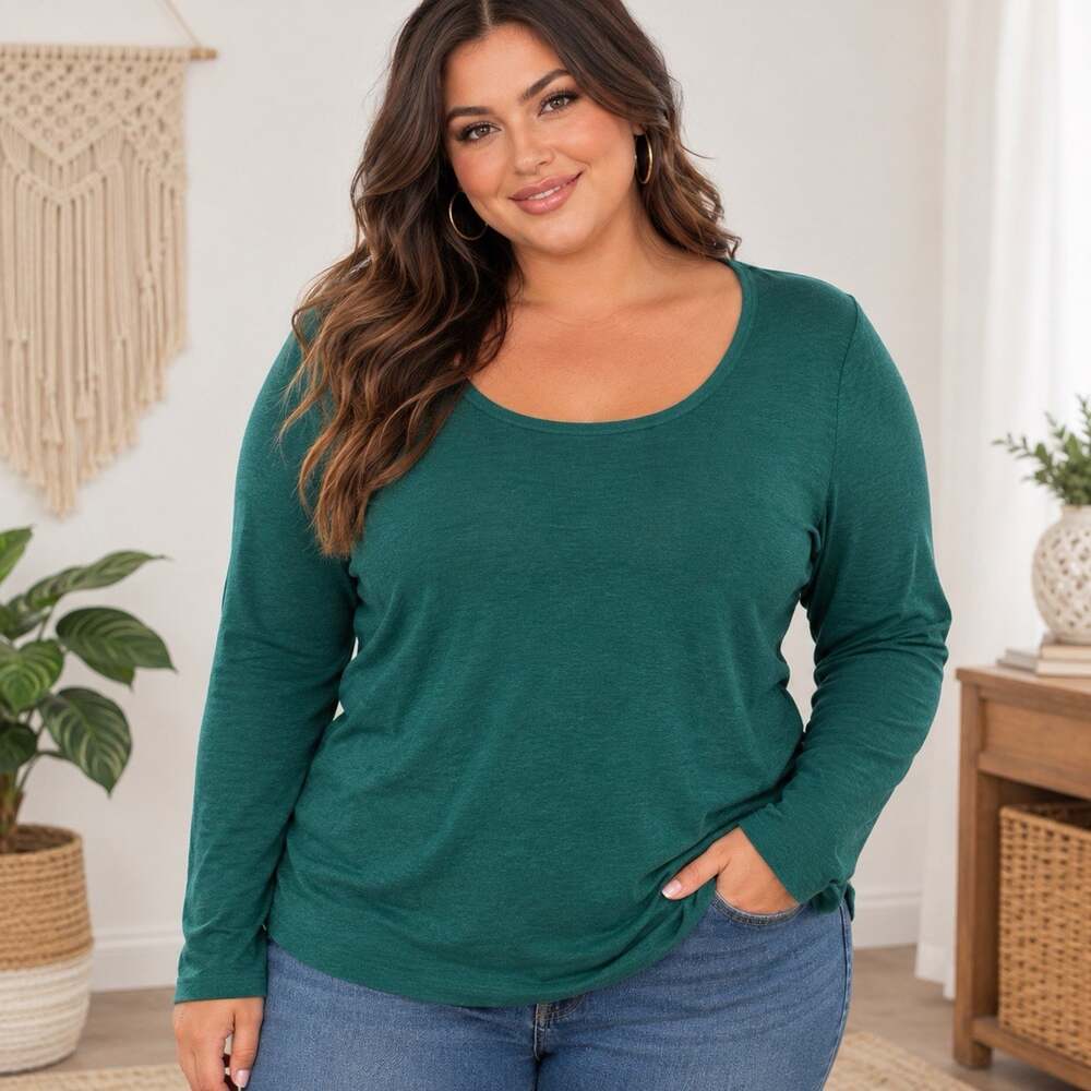 Bryn Walker XL Teal Green Scoop Neck Long Sleeve Top Cotton Tencel USA Made